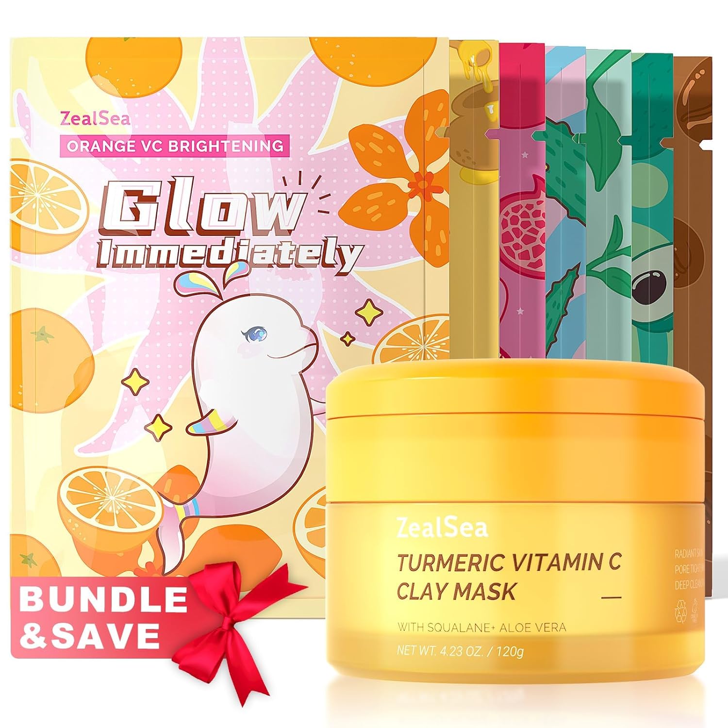 ZealSea Natural Sheet Mask (Pack of 7) and Turmeric Clay Mask Bundle S