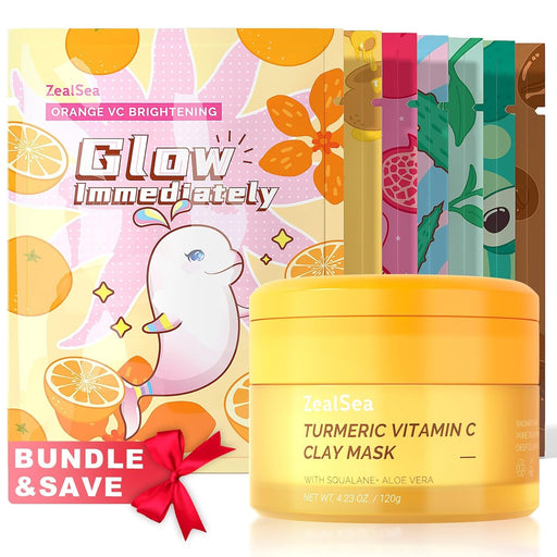 ZealSea Natural Sheet Mask (Pack of 7) and Turmeric Clay Mask Bundle Set